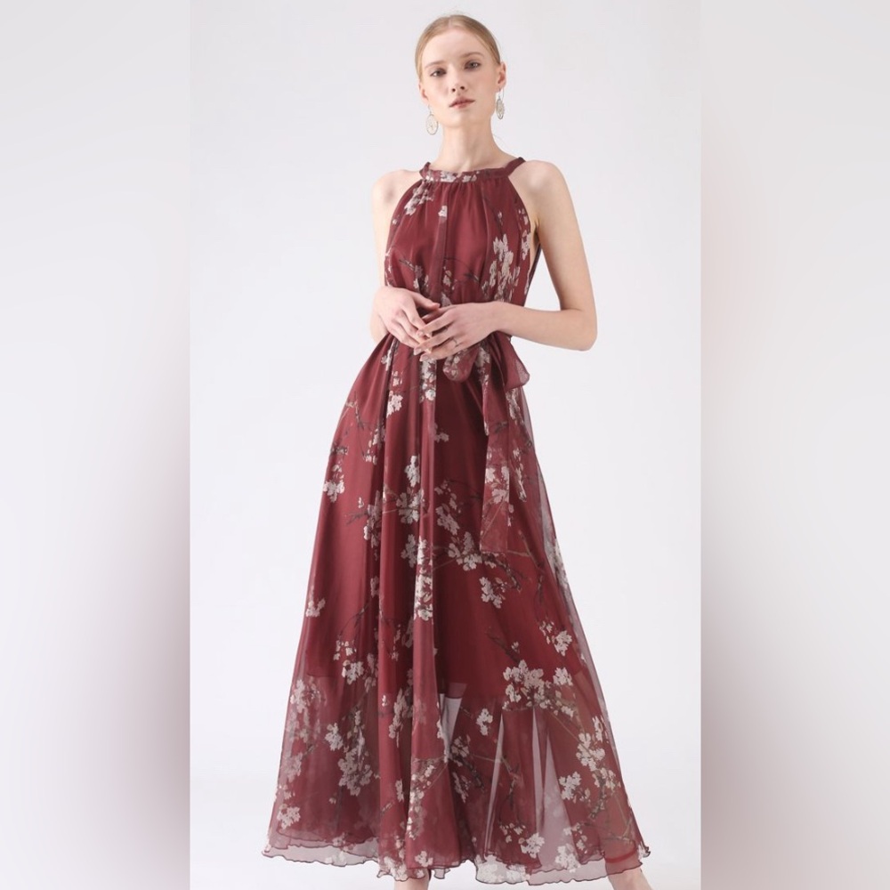 Chicwish Plum Blossom Watercolor Maxi Slip Dress in Wine Women’s XS